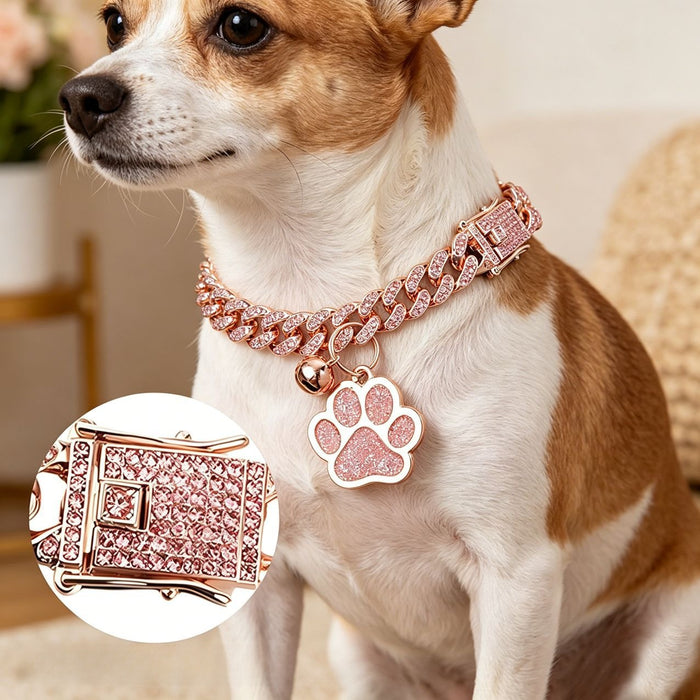 Adjustable Rhinestone Pet Necklace with Cat Paw Pendant