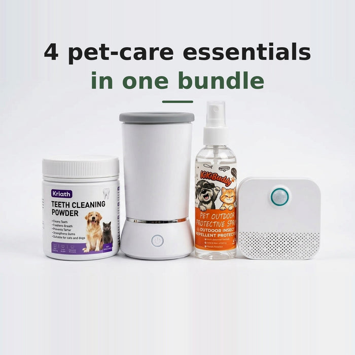 Pet Care Essentials Bundle — Paw Washer, Odor Purifier, Dental Powder & Outdoor Repellent Spray